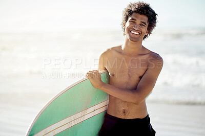 Buy stock photo Portrait, man and surfing with smile at beach, sea and ocean for tropical holiday, summer vacation and mockup. Happy young guy, surfer and water sports on travel, sunshine and freedom of adventure 