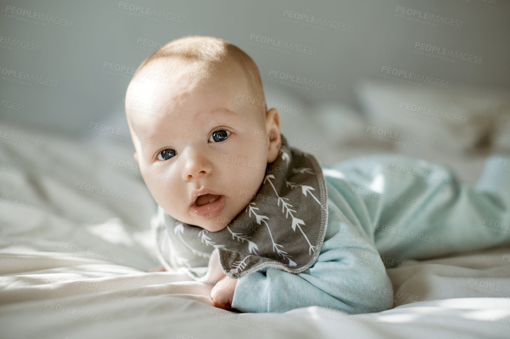 Buy stock photo Comfort, wake up and portrait of a baby on the bed for sleeping, nap or relaxation. Comfy, looking and a newborn child in the bedroom for relaxing, comfortable and resting in the morning at home