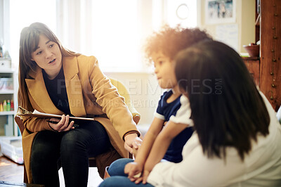 Buy stock photo Mother, child and psychologist consultation in office for support, help or mental health. Psychology doctor, therapist and woman, mama and boy in counselling, therapy or talking for advice in clinic.