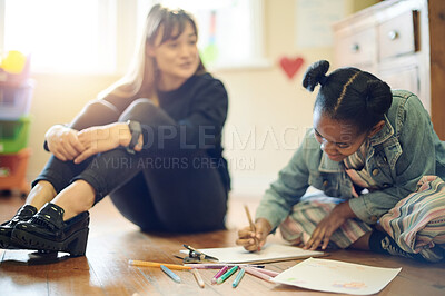 Buy stock photo Psychologist woman with child color drawing for assessment, evaluation or support of mind development. Creativity, writing and biracial people and kid on floor talking, helping and teaching therapy