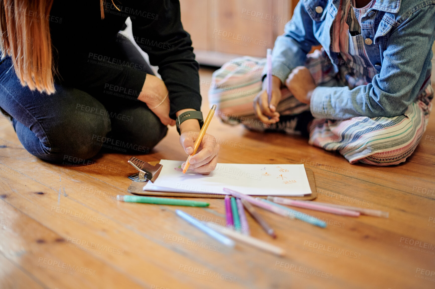 Buy stock photo Creative, color and art with kid and teacher on floor of classroom for learning, education and teaching. Drawing, sketching and child development with hands of girl and woman at school for picture