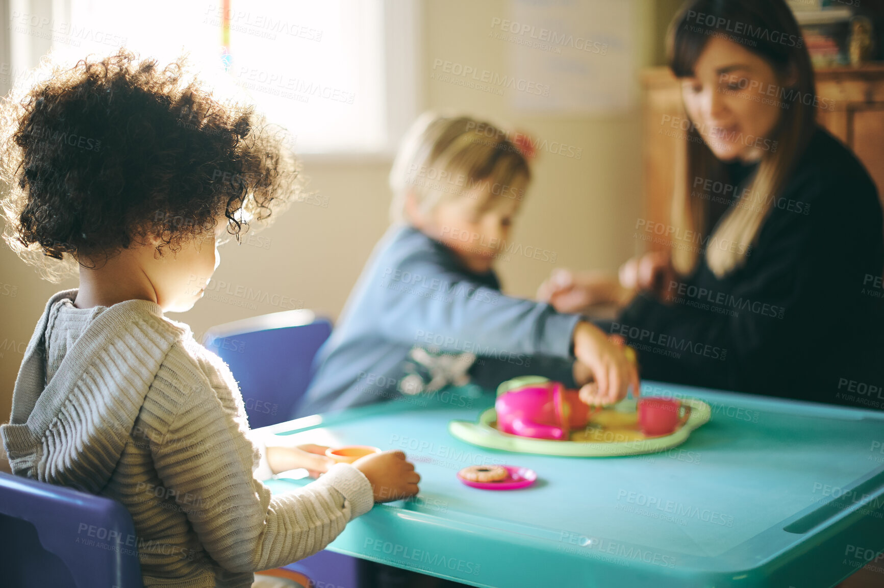 Buy stock photo Mother, kids and play tea party in home, having fun and bonding together. Relax, children and drinking from toy cup with mama playing game with boys for imagination, childhood or pretending in house.