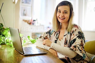 Buy stock photo Laptop, portrait and woman smile in home for working, research and online browsing. Freelancer, remote worker and happy, proud and confident person and professional from Canada with career pride.