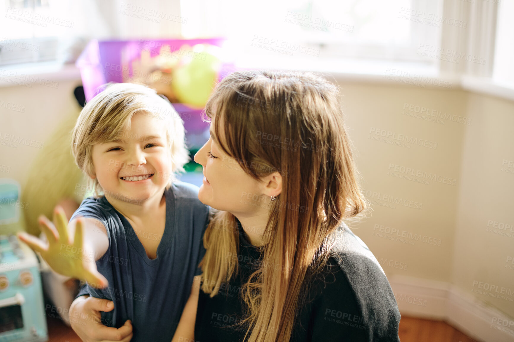 Buy stock photo Mother, child and paint hand portrait in home, playing and bonding together in house. Care, art or happy boy with fingers and palm painted for creativity, having fun or enjoying quality time with mom