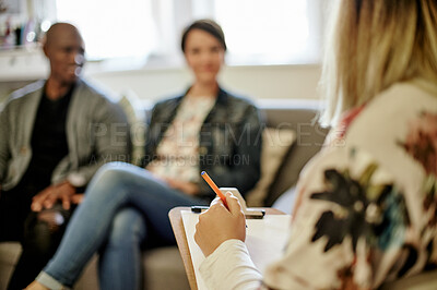 Buy stock photo Couple, therapy clipboard and woman marriage therapist in a counseling consultation. Communication, listening and people at a psychology and support consulting appointment ready for conversation