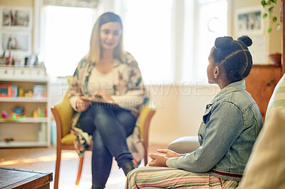 Buy stock photo Psychologist, black girl and consultation in office for support, help or mental health. Psychology, therapist or kid or child consulting woman for counselling, therapy or talking for advice in clinic
