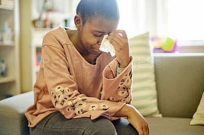 Buy stock photo Black girl, teen in therapy and depression, crying and sad adolescent with mental health and trauma. Psychology, counselling and anxiety, depressed female teenager with problem or crisis and unhappy