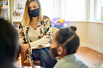 Psychologist, mother and child in consultation during covid for help, mental health and support. Face mask, therapist and woman talking with black girl and mama for counselling, therapy or advice.