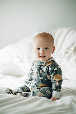 Buy stock photo Baby, portrait and happy with cute child in nursery, relax with growth and early childhood development. Smile, face and little kid, adorable newborn and infant sitting up with calm in bedroom