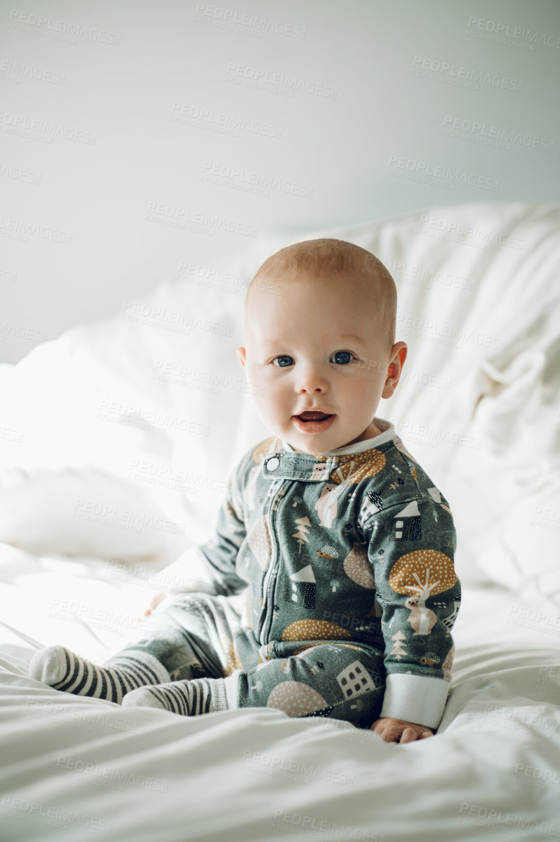 Buy stock photo Baby, portrait and happy with cute child in nursery, relax with growth and early childhood development. Smile, face and little kid, adorable newborn and infant sitting up with calm in bedroom