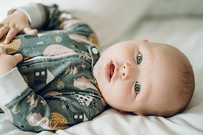 Buy stock photo Cute, relax and portrait of a baby on a bed for sleeping, relaxing or lying in a room. Adorable, newborn and a child resting in the bedroom for comfort, relaxation and cozy in the morning at home