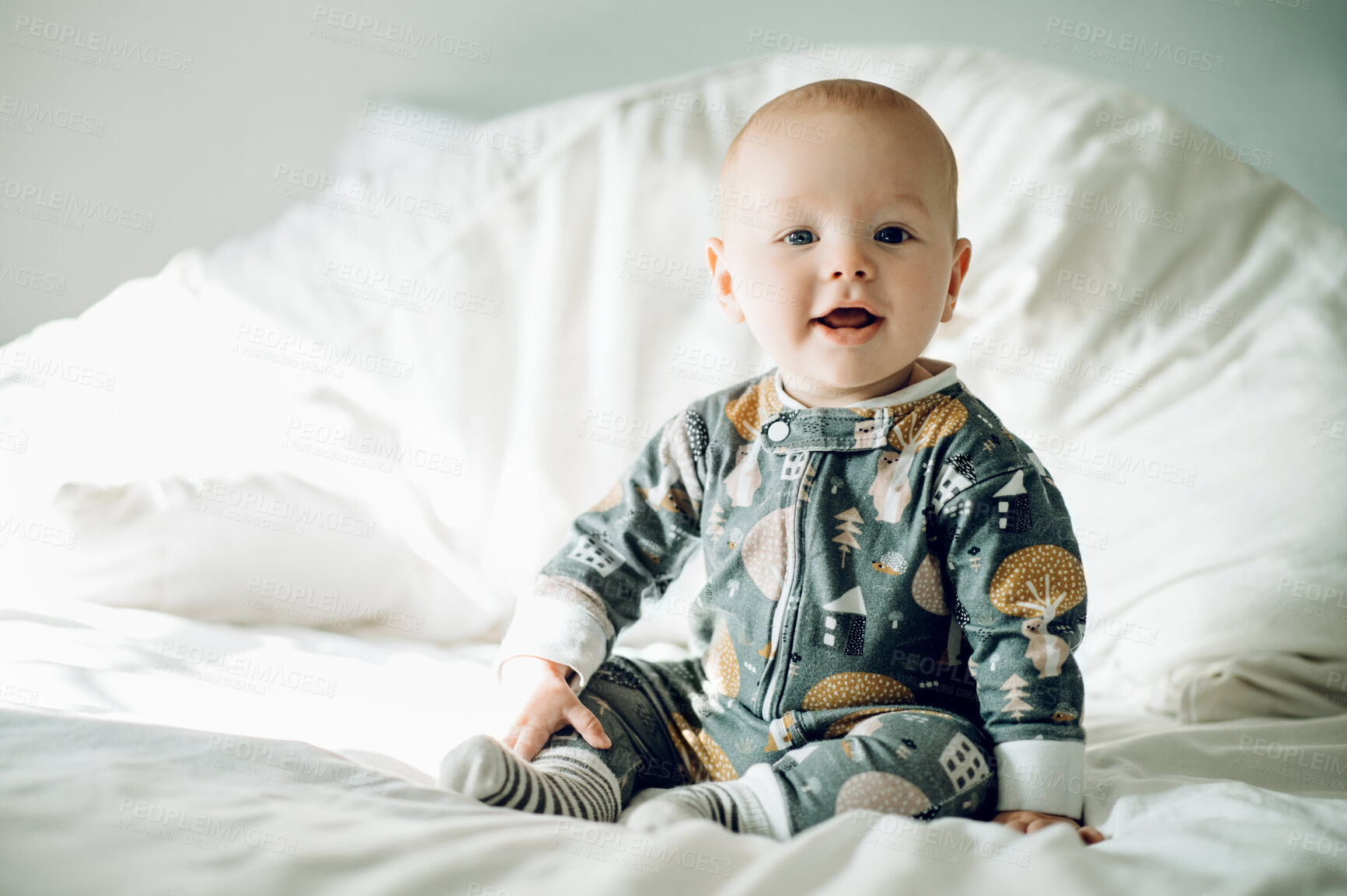 Buy stock photo Baby, portrait and smile with cute child in nursery, relax with growth and early childhood development. Happy, face and little kid, adorable newborn and infant sitting up with calm in bedroom