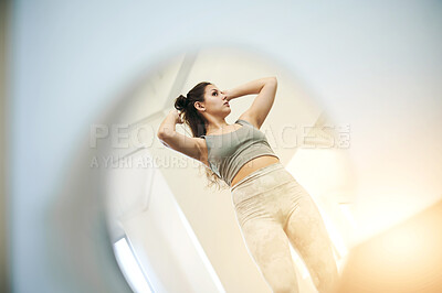 Buy stock photo Fitness, health and woman getting ready to workout in her room for body training or weightloss. Sports, mirror and female athlete preparing for a exercise with sportswear in her bedroom at her house.