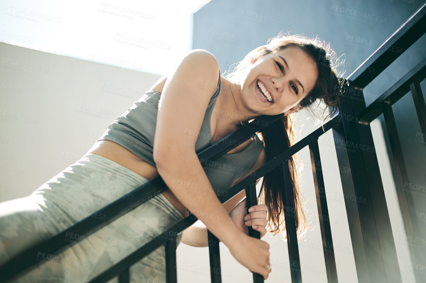 Buy stock photo Fitness, city and portrait of woman on stairs relax after exercise, training and cardio workout in urban town. Happy, sports and young excited girl smile with confidence in health wellness by steps
