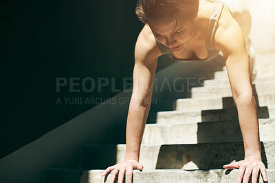 Buy stock photo Stairs, health and woman doing pushups on steps as exercise, workout and wellness outdoors for muscle strength. Active, strong and female athlete training outside to be fit, healthy and as wellness