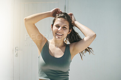 Buy stock photo Portrait, fitness and woman hair tie for training, workout and exercise in outdoor wellness. Face, female athlete and happy lady outside in happiness and ready for practice, sports or cardio mock up