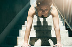 Plank, stairs and fitness woman doing arm exercise, workout and gym routine for strength. Female, lens flare and person with sports training, wellness and health for strong arms and sport exercising