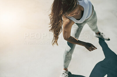 Buy stock photo Fitness, ground and woman stretching for outdoor training, workout performance or wellness exercise challenge. Mockup ground, health lifestyle runner or female person start warm up, running or cardio