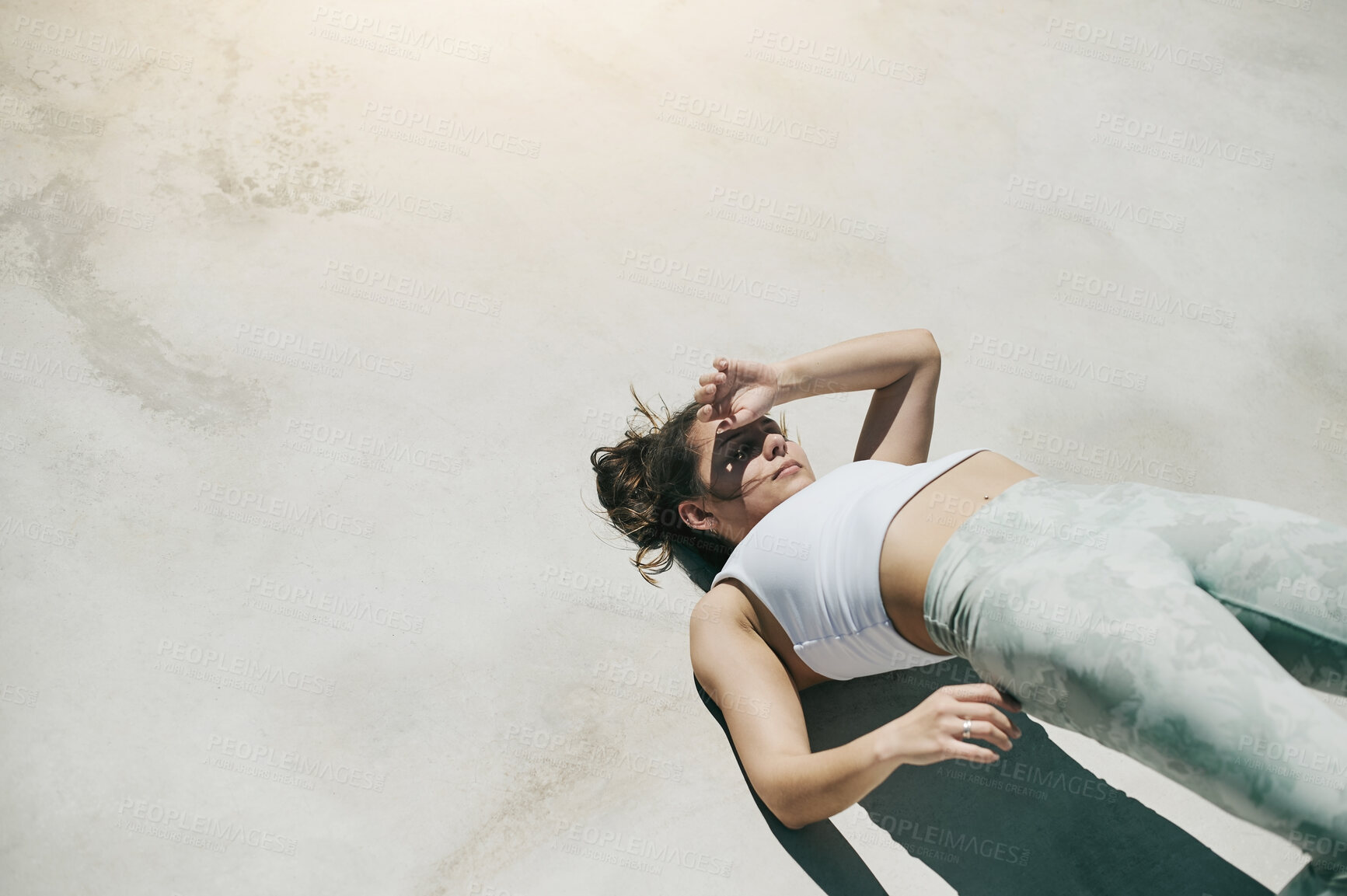 Buy stock photo Top view, stretching and woman on ground, outdoor and body care for balance, fitness and workout. Female, lady and athlete outside, training and practice for healthy lifestyle, wellness and goals