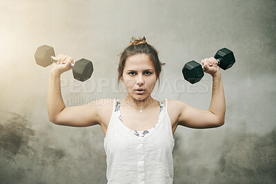 Buy stock photo Portrait, dumbbell and woman with fitness, workout and training for wellness, endurance or healthy lifestyle. Face, female athlete or lady with gym equipment, practice or exercise for goals or target