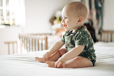 Buy stock photo Happy, baby on bed and relax with laughing, calm and sunshine with happiness, fun and wellness. Male infant, toddler and young kid in bedroom, child development and health with peace and in home