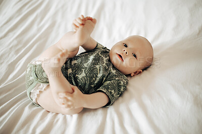 Buy stock photo Portrait, children and cute with a baby on a bed in a bedroom of a home alone for child development. Kids, babies and adorable with a newborn infant in a house in the morning for growth or comfort