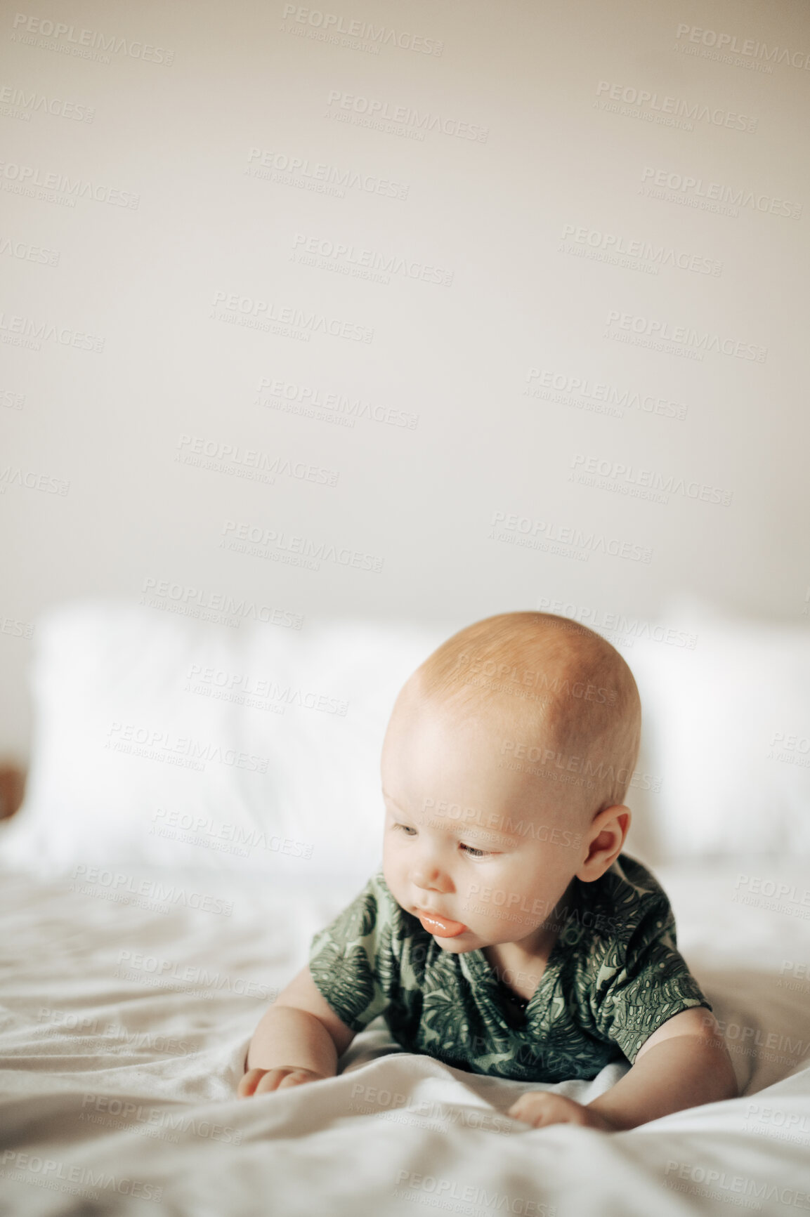 Buy stock photo Baby crawl on bed in room, house and home for curious play, childcare and infant babies with mockup. Cute little newborn kids relax on tummy in bedroom nursery for healthy development, growth or life