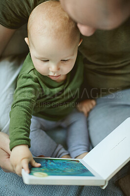 Buy stock photo Family, father reading book with child and storytelling, learning and development with early childhood and love. Man, baby and story, bonding and care, relationship and learn language with words