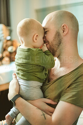 Buy stock photo Relax, happy and hug with father and baby for bonding, affectionate and quality time. Development, care and comfort with man and newborn child in family home for cute, happiness and innocent