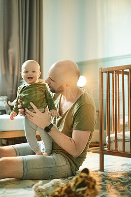 Buy stock photo Love, father and baby on floor, playful and affection on break, bonding and loving together. Family, dad and infant in playroom, happiness and carefree with smile, quality time and freedom in lounge