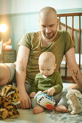 Buy stock photo Learning, playing and development, happy man and baby on nursery floor, new dad and infant bonding with toys in playroom. Family, love and young father with child in bedroom with toy at home together