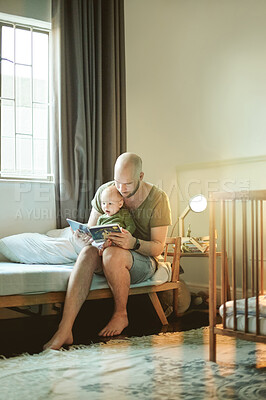 Buy stock photo Family, dad with baby and reading book with learning, storytelling and development in bedroom with growth. Man, kid and education, bonding and love with care, learn language and early childhood
