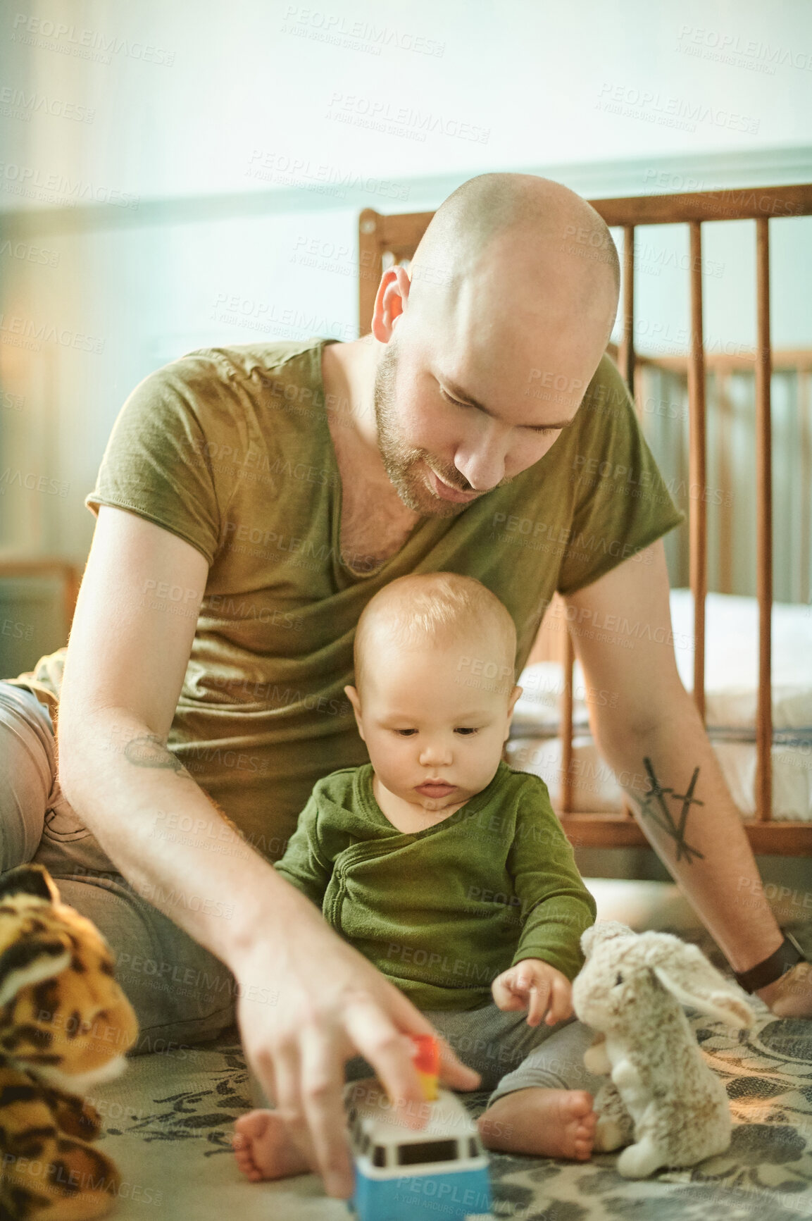 Buy stock photo Learning, playing and child care, man and baby on nursery floor, new dad and infant bonding with toys in playroom. Family, love and young father with small kid in bedroom with development toy at home