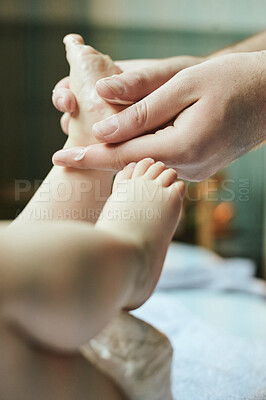 Buy stock photo Massage, cream and feet of baby with mother for clean, dermatology and hygiene. Skincare, protection and lotion treatment with hands of mom and child in family home for cleansing, moisturizer or care