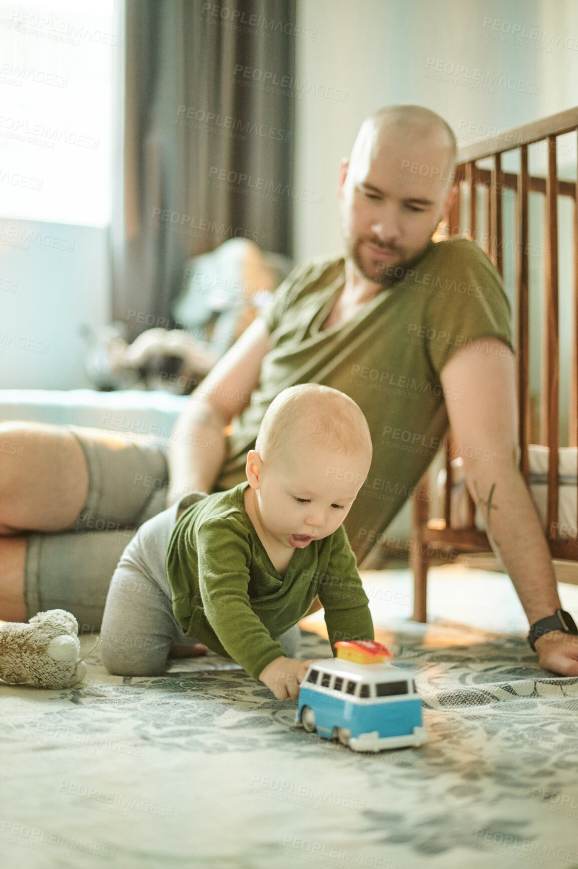 Buy stock photo New dad, baby and playing on floor in nursery, man bonding with infant and toys in bedroom at home. Family, love and education, father and child development, teaching and learning with fun toy.