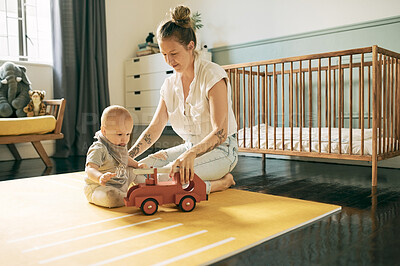 Buy stock photo Baby, toy truck and mother play in home, having fun and learning, relax or bonding. Development, care and mama with kid, newborn or toddler playing with car and enjoying time together in nursery.