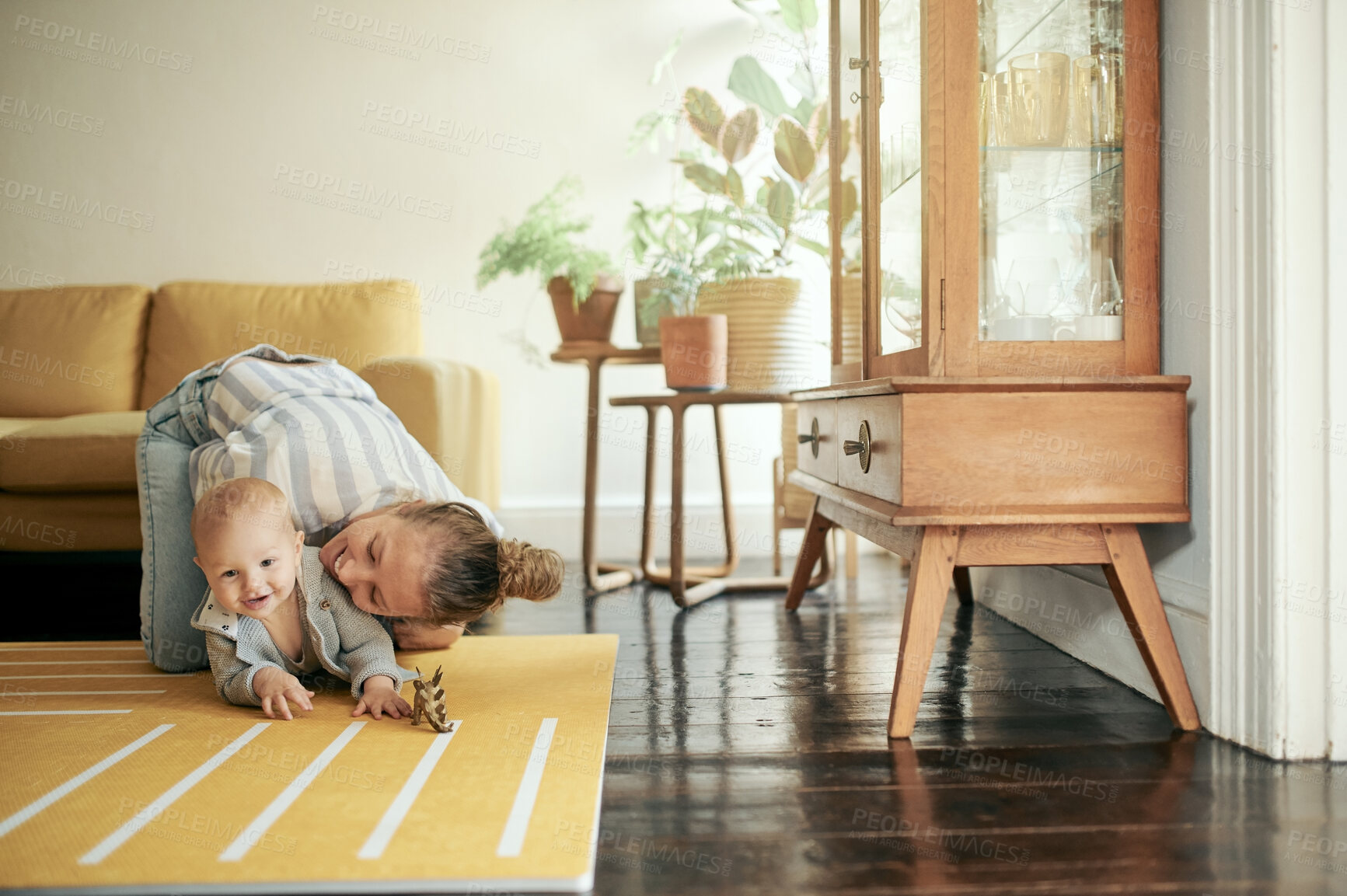 Buy stock photo Baby, embrace and mother bonding with newborn on the floor of a house or home and playing together. Care, motherhood and single parent or woman having fun with infant or kid with happiness