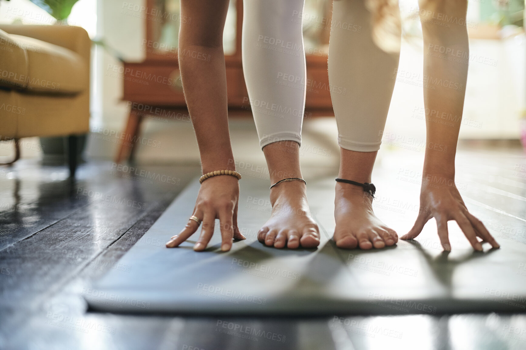 Buy stock photo Yoga floor, legs and woman doing home pilates, fitness training or relax workout, wellness or self care. Exercise warm up, health lifestyle and hands of female yogi doing challenge in living room