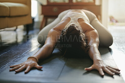 Buy stock photo Yoga stretching, fitness and woman doing floor warm up, pilates or body workout for healthcare, wellness or self care. Exercise person, health lifestyle and female yogi training in home living room