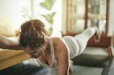 Buy stock photo Yoga, living room exercise and woman doing fitness performance, relax training or home wellness workout. Pilates person, health lifestyle commitment and active female stretching for body warm up