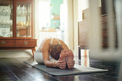 Buy stock photo Yoga stretching, fitness and woman with floor warm up, home pilates or training workout for self care wellness. Exercise challenge girl, health lifestyle yogi and relax young female on living room