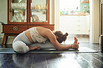 Yoga stretching, relax profile and fitness woman start body warm up, pilates exercise or calm workout, wellness routine or self care. Yogi peace, health lifestyle and female person training on floor