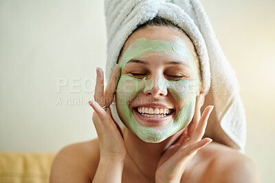 Buy stock photo Facial mask, smile and happy woman using beauty product on her face for skincare and self care in her home or house. Detox by female cleaning her skin for morning routine while she relax