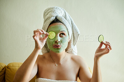 Buy stock photo Face, beauty and woman with cucumber on eyes doing a facial for vitamin c, wellness and natural treatment. Mask, spa and pout by happy female using vegetable to detox, dermatology or cosmetics