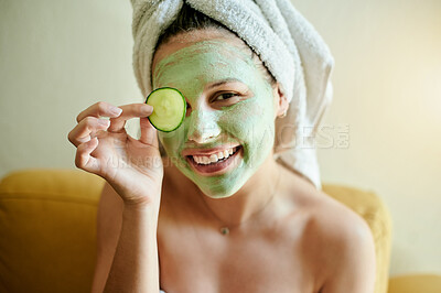 Buy stock photo Facial, vitamin c and woman with cucumber on eye or face for treatment, wellness and natural beauty in a home. Relax, spa and portrait of happy female using vegetable for a detox or dermatology