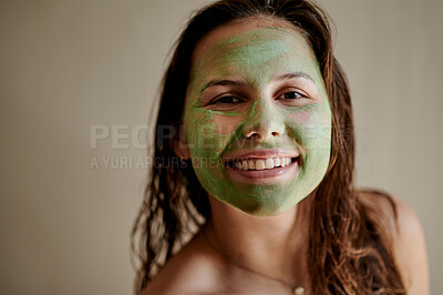 Buy stock photo Woman, face and beauty mask for skincare, anti aging or self care and love against a studio background. Portrait of happy beautiful female with smile for natural organic facial treatment on mockup