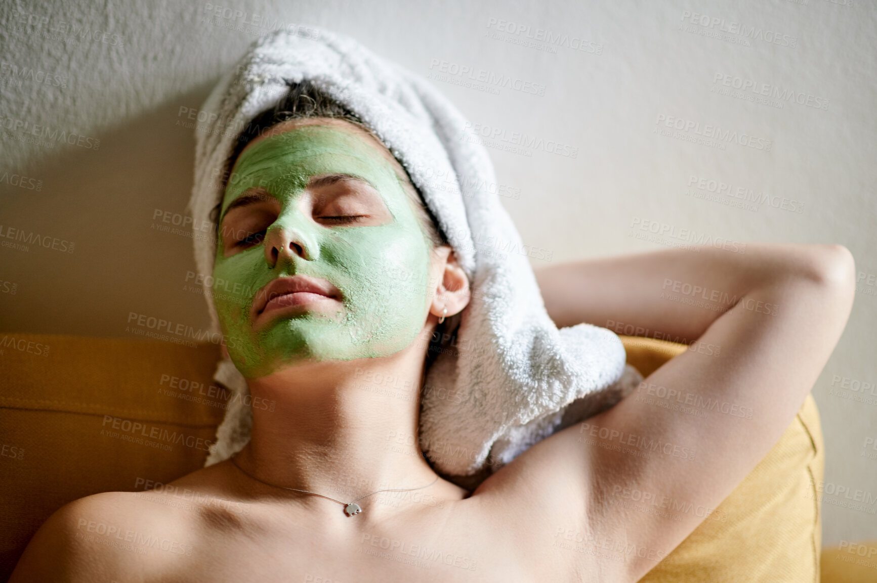 Buy stock photo Rest, skincare and woman with face mask, cosmetics and salon treatment for wellness grooming and relax. Female, beauty and lady with body care, dermatology and luxury with organic facial or soft skin