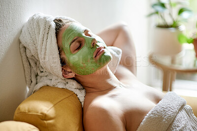 Buy stock photo Beauty, dermatology and woman with face mask, rest and treatment with salon luxury, grooming or relax. Organic facial, female or lady with wellness, calm or zen with body care, smooth or soft skin
