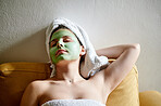 Skincare, rest and woman with face mask, luxury and salon treatment for beauty, dermatology and care. Cosmetics, female and lady with grooming, wellness and body care for smooth, zen and soft skin