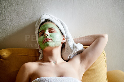 Buy stock photo Skincare, rest and woman with face mask, luxury and salon treatment for beauty, dermatology and facial. Cosmetics, female and lady with grooming, wellness and body care for smooth, zen and soft skin